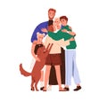 Happy large family hugging together. Parents, kids and dog embracing. Mom, dad, teen children and pet reunion, bonding Royalty Free Stock Photo