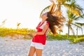 Happy latin beautiful girl in caribbean beach Royalty Free Stock Photo