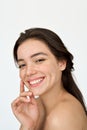 Happy Latin girl with freckles on face isolated on white. Vertical portrait. Royalty Free Stock Photo