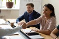 Happy laugh hr african american businesswoman shaking hand of applicant. Royalty Free Stock Photo