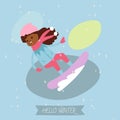 Happy laughing african girl sledding down on snow in the winter park vector illustration. Concept of kids outdoor winter