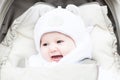 Happy laughing baby in a warm hat sitting in a stroller Royalty Free Stock Photo