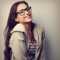 Happy laughing casual woman in eyeglasses. Vintage closeup portrait Royalty Free Stock Photo