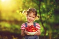 Happy laughing child girl with ripe strawberry in summer on nature Royalty Free Stock Photo