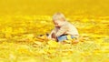 Happy laughing child sitting on the grass playing with yellow maple leaves in autumn park Royalty Free Stock Photo