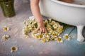 A happy laughing child takes a bath, splashes and has fun. A small child in the bathtub. Smiling baby in the bathroom Royalty Free Stock Photo