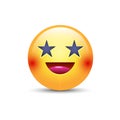 Happy laughing emoji face with eyes in the form of stars. Fun cartoon vector emoticon with smile. Cute yellow smiley for