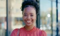 Happy, laughing and face of a black woman in the city for business, commute and work break. Smile, cheerful and the Royalty Free Stock Photo