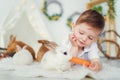 Happy laughing little boy playing with a baby rabbit, feeding it, hugging real bunny pet and learning to take care of an Royalty Free Stock Photo