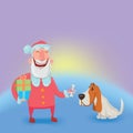 Happy laughing Santa Claus with dog. New year and Christmas cards for year of the dog according to the Eastern calendar Royalty Free Stock Photo