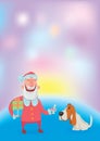 Happy laughing Santa Claus with dog. New year and Christmas cards for year of the dog according to the Eastern calendar Royalty Free Stock Photo