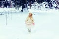 Toddler girl in fur coat walking in a snowy winter park Royalty Free Stock Photo