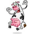 Happy leaping cow mascot pointing at himself with two enthusiastic thumbs vector clip art