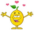 Happy Lemon Fresh Fruit With Green Leaf Cartoon Mascot Character With Hearts And With Open Arms For Hugging.