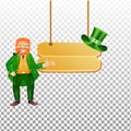 Happy leprechaun man character with hanging wooden board on transparent background.