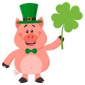 Happy Leprechaun Pig Cartoon Character Holding Leaf Clover