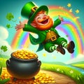 Happy leprechaun pot gold coins end of rainbow Royalty Free Stock Photo