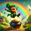 Happy leprechaun pot gold coins end of rainbow Royalty Free Stock Photo