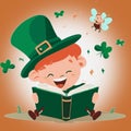 Happy leprechaun reading book with fairy flying out vector graphic Royalty Free Stock Photo