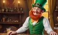 Happy leprechaun with red beard character embodying the spirit of St. Patrick's Day festivities. Extra wide banner