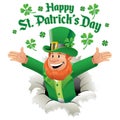 Happy leprechaun ripping out the paper greeting happy st. patrick`s day Royalty Free Stock Photo