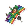 Happy Leprechaun Sliding Down a Rainbow with a Pot of Gold Royalty Free Stock Photo