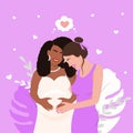 Happy lesbian couple expecting baby illustration. African american pregnant woman and white girl smiling. Royalty Free Stock Photo