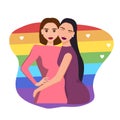 Happy lesbian family, gay couple. Three woman hugging each other. Women in love. Wife and wife together. Flat cartoon vector