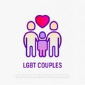 Happy LGBT couple with child thin line icon. Adoption for homosexual family. Modern vector illustration Royalty Free Stock Photo