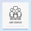 Happy LGBT couple with child thin line icon. Adoption for homosexual family. Modern vector illustration