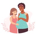 Happy LGBT family. multiracial lesbian family. light-skinned girl with pregnant ethnic black woman. Vector illustration