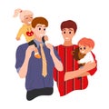 Happy LGBT family with two children. Little daughter sitting on her daddy neck. Young LGBTQ parent hugs their son. Same Royalty Free Stock Photo