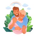 Happy LGBTQ couple vector illustration. Homosexual men hugging in a park on isolated white background