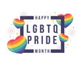 Happy LGBTQ pride month text in frame with around rainbow hearts, firework and party ribbon vector design Royalty Free Stock Photo