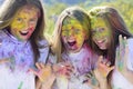 Happy life in teenager time. Crazy hipster girls. Summer weather. children with creative body art. colorful neon paint Royalty Free Stock Photo