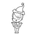 happy line drawing of a girl in space suit wearing santa hat