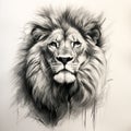 Happy Lion Portrait Drawing In Black Ink - Uhd Image Royalty Free Stock Photo