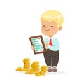 Happy Lirrle Boy Businessman Counting His Money, Kids Financial Business Vector Illustration