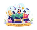 Happy Literacy Day. Young People celebrate Literacy Day by reading books vector illustration