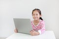Happy little Asian child girl sitting at desk and using laptop computer stay at home Royalty Free Stock Photo