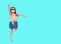 Happy little Asian kid girl wearing a flowers summer dress and sunglasses isolated on cyan background with copy space. Summer Royalty Free Stock Photo