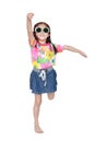 Happy little Asian kid girl wearing a flowers summer dress and sunglasses isolated on white background. Summer fashion kid concept Royalty Free Stock Photo