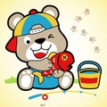 Funny little bear cartoon vector with big fish