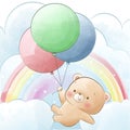 Happy little bear flying with balloons