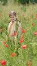 Happy little beautiful girl in a field of red blooming poppies portrait Royalty Free Stock Photo