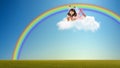 Happy little beautiful girl lie on cloud in blue sky