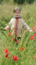 Happy little beautiful girl in a field of red blooming poppies portrait Royalty Free Stock Photo