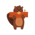 Happy little beaver eating piece of wood. Cartoon character