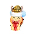 Happy little bee wearing a yellow beanie and red scarf with antler holdind a christmas gift box