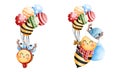 Happy little bees wearing a blue beanie and red scarf with antlers and colorful balloons set
